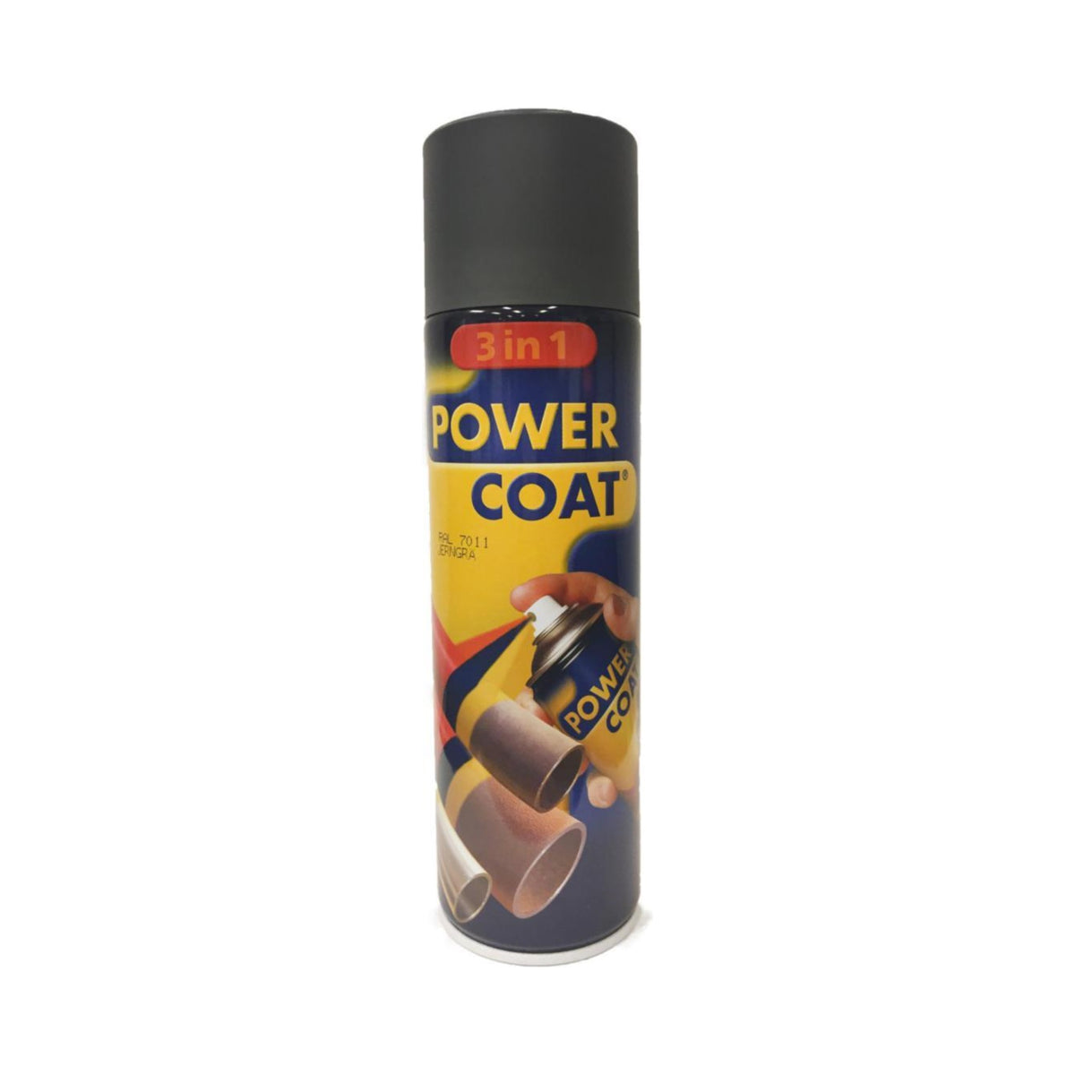 Power Coat 3 in 1 rustbeskyttende maling spray – jerngrå (RAL 7011), framside