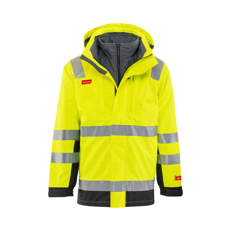 Strakofa Tor multinorm skalljakke kl. 3 – hivis gul/sort, detalj